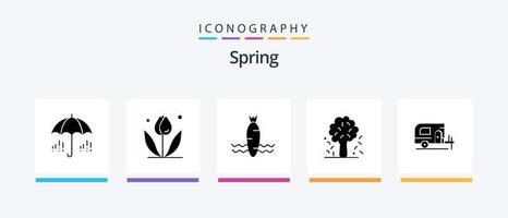 Spring Glyph 5 Icon Pack Including car. nature. carrot. apple tree. tree. Creative Icons Design vector