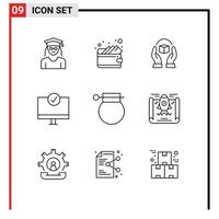 Universal Icon Symbols Group of 9 Modern Outlines of army gadget caring devices computers Editable Vector Design Elements