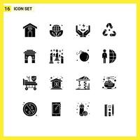 Group of 16 Solid Glyphs Signs and Symbols for global green energy garbage ecology Editable Vector Design Elements