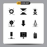 Set of 9 Vector Solid Glyphs on Grid for down idea skin gear fire Editable Vector Design Elements