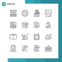 Group of 16 Outlines Signs and Symbols for internet science data heart reference Editable Vector Design Elements