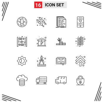 móvil interfaz contorno conjunto de dieciséis pictogramas de bebé deporte codificación teléfono inteligente análisis editable vector diseño elementos