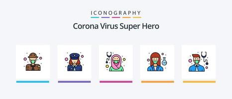 corona virus súper héroe línea lleno 5 5 icono paquete incluso doctor. tráfico policía. avatar. oficial. farmacéutico. creativo íconos diseño vector