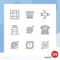 9 User Interface Outline Pack of modern Signs and Symbols of secure protect flight food dinner Editable Vector Design Elements