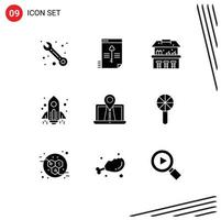 Group of 9 Solid Glyphs Signs and Symbols for system navigation sand castle launch spaceship Editable Vector Design Elements