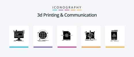 3d Printing And Communication Glyph 5 Icon Pack Including sketch. design. network. processing. file. Creative Icons Design vector