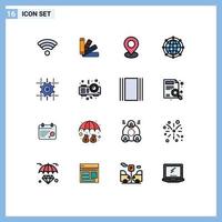 Universal Icon Symbols Group of 16 Modern Flat Color Filled Lines of gear technology map network global Editable Creative Vector Design Elements