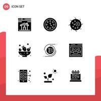 Set of 9 Vector Solid Glyphs on Grid for bitcoin drink timer food plant Editable Vector Design Elements