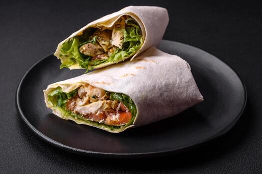 delicioso Fresco rodar con pollo, Tomates, lechuga y Pepino en Agave un pan foto