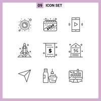 Pack of 9 Modern Outlines Signs and Symbols for Web Print Media such as transport rocket celebration launcher speaker Editable Vector Design Elements