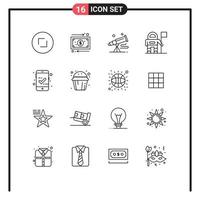 Modern Set of 16 Outlines and symbols such as checked flag binoculars exploration space Editable Vector Design Elements