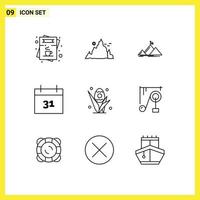 Group of 9 Modern Outlines Set for egg date nature calendar peak Editable Vector Design Elements