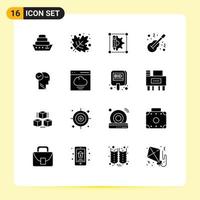 Group of 16 Modern Solid Glyphs Set for solution mind gear musical instrument Editable Vector Design Elements