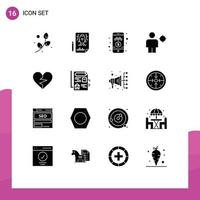 Pack of 16 Modern Solid Glyphs Signs and Symbols for Web Print Media such as heart location online cab booking human avatar Editable Vector Design Elements