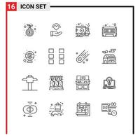 Modern Set of 16 Outlines Pictograph of hardware tape delivery cassette audio Editable Vector Design Elements