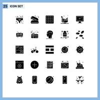 Mobile Interface Solid Glyph Set of 25 Pictograms of imac monitor wafer computer bowl Editable Vector Design Elements