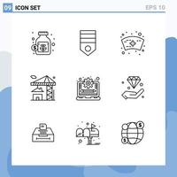 Mobile Interface Outline Set of 9 Pictograms of management building soldier estate crane Editable Vector Design Elements