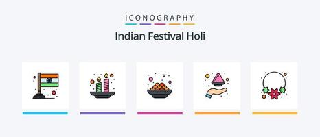 Holi Line Filled 5 Icon Pack Including color. india. fire. taj mahal. building. Creative Icons Design vector