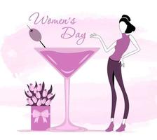 Womens Day. March 8. A woman standing next to a glass and a bouquet of flowers vector