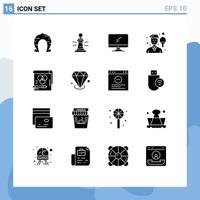 Modern Set of 16 Solid Glyphs Pictograph of man avatar king pc device Editable Vector Design Elements