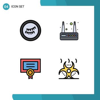 Mobile Interface Filledline Flat Color Set of 4 Pictograms of eye biohazard router certificate danger Editable Vector Design Elements
