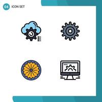 Mobile Interface Filledline Flat Color Set of 4 Pictograms of gear flag computing setting day Editable Vector Design Elements