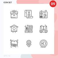 Set of 9 Vector Outlines on Grid for coins spring audio bird house house Editable Vector Design Elements