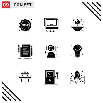 moderno conjunto de 9 9 sólido glifos y símbolos tal como programación codificación ordenador personal código lámpara editable vector diseño elementos