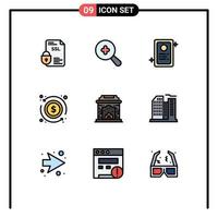 Group of 9 Modern Filledline Flat Colors Set for flame chimney assignment money dollar Editable Vector Design Elements