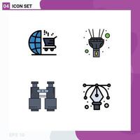 Pack of 4 creative Filledline Flat Colors of cart search shopping torch camping Editable Vector Design Elements