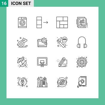 16 User Interface Outline Pack of modern Signs and Symbols of soccer coach layout whistle pie Editable Vector Design Elements