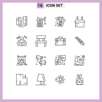 Editable Vector Line Pack of 16 Simple Outlines of loving hearts analytics open box Editable Vector Design Elements