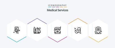 Medical Services 25 Line icon pack including medical. location. medical. hospital. pills vector