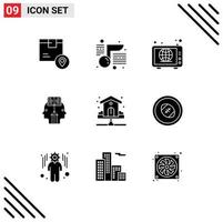 9 User Interface Solid Glyph Pack of modern Signs and Symbols of house programming school reading news Editable Vector Design Elements