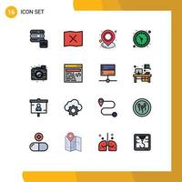 Pack of 16 Modern Flat Color Filled Lines Signs and Symbols for Web Print Media such as camera creative map wall watch time Editable Creative Vector Design Elements