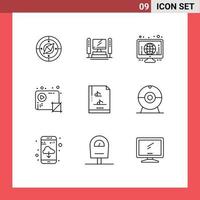 Mobile Interface Outline Set of 9 Pictograms of file document production globe media audio Editable Vector Design Elements