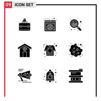 Pack of 9 creative Solid Glyphs of shirt print analysis house city Editable Vector Design Elements