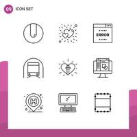 Pack of 9 Modern Outlines Signs and Symbols for Web Print Media such as love transportation media transport metro Editable Vector Design Elements
