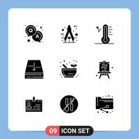 Modern Set of 9 Solid Glyphs Pictograph of bowl document cloud box temperature Editable Vector Design Elements