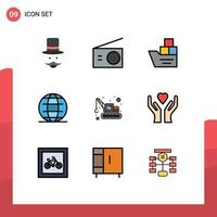 Modern Set of 9 Filledline Flat Colors Pictograph of world internet radio globe transportation Editable Vector Design Elements