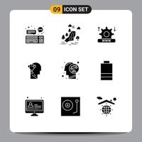 Mobile Interface Solid Glyph Set of 9 Pictograms of head brian clouds mind system Editable Vector Design Elements