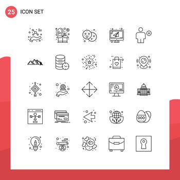 User Interface Pack of 25 Basic Lines of add laptop product email party Editable Vector Design Elements