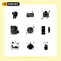 Modern Set of 9 Solid Glyphs Pictograph of planet time laptop check task Editable Vector Design Elements