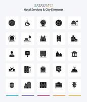 Creative Hotel Services And City Elements 25 Glyph Solid Black icon pack  Such As car. kneef. walk. service. hotel vector