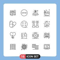 Group of 16 Outlines Signs and Symbols for charge table content pill bowl Editable Vector Design Elements