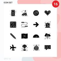 Group of 16 Modern Solid Glyphs Set for coding gift no fire like heart Editable Vector Design Elements