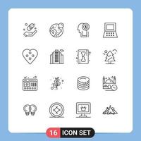 16 User Interface Outline Pack of modern Signs and Symbols of heart button dress button investment button computer Editable Vector Design Elements