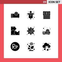 Group of 9 Modern Solid Glyphs Set for gear puzzle pieces scarecrow puzzle game education Editable Vector Design Elements