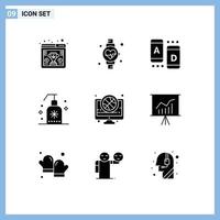 Mobile Interface Solid Glyph Set of 9 Pictograms of game basket marketing spa foam Editable Vector Design Elements