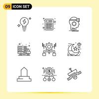 Pack of 9 Modern Outlines Signs and Symbols for Web Print Media such as gear web server googles transfer internet Editable Vector Design Elements